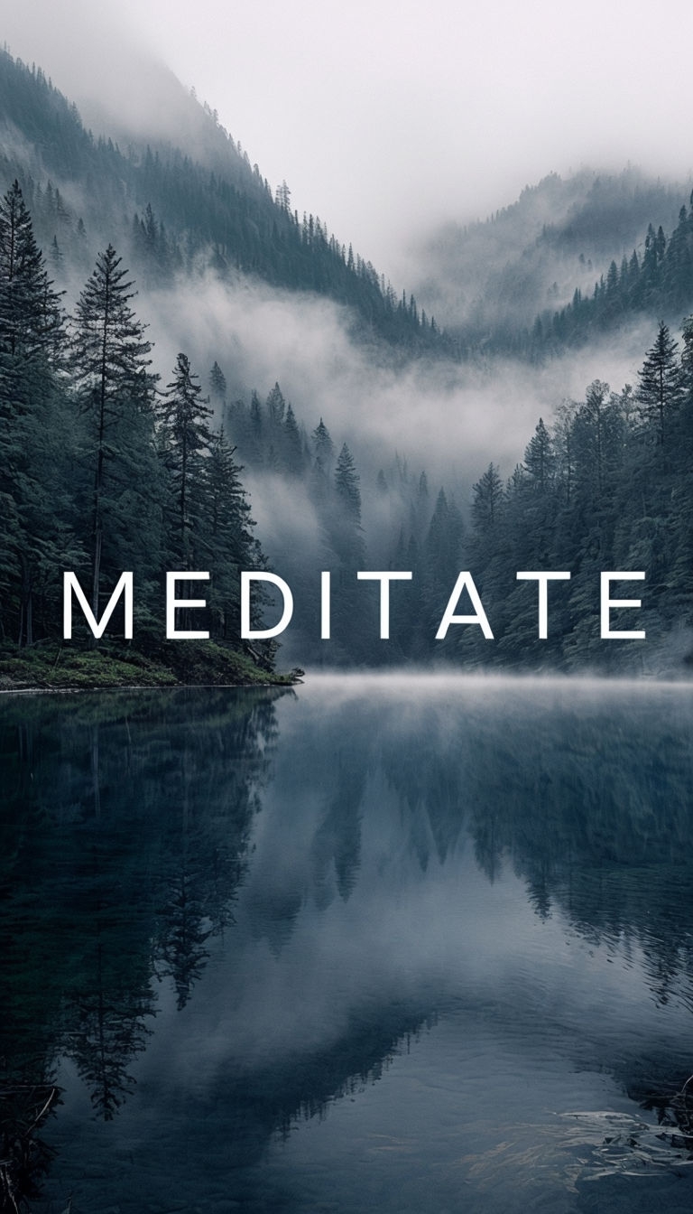 Serene Mountain Lake Reflection with Meditate Text Social Media Post