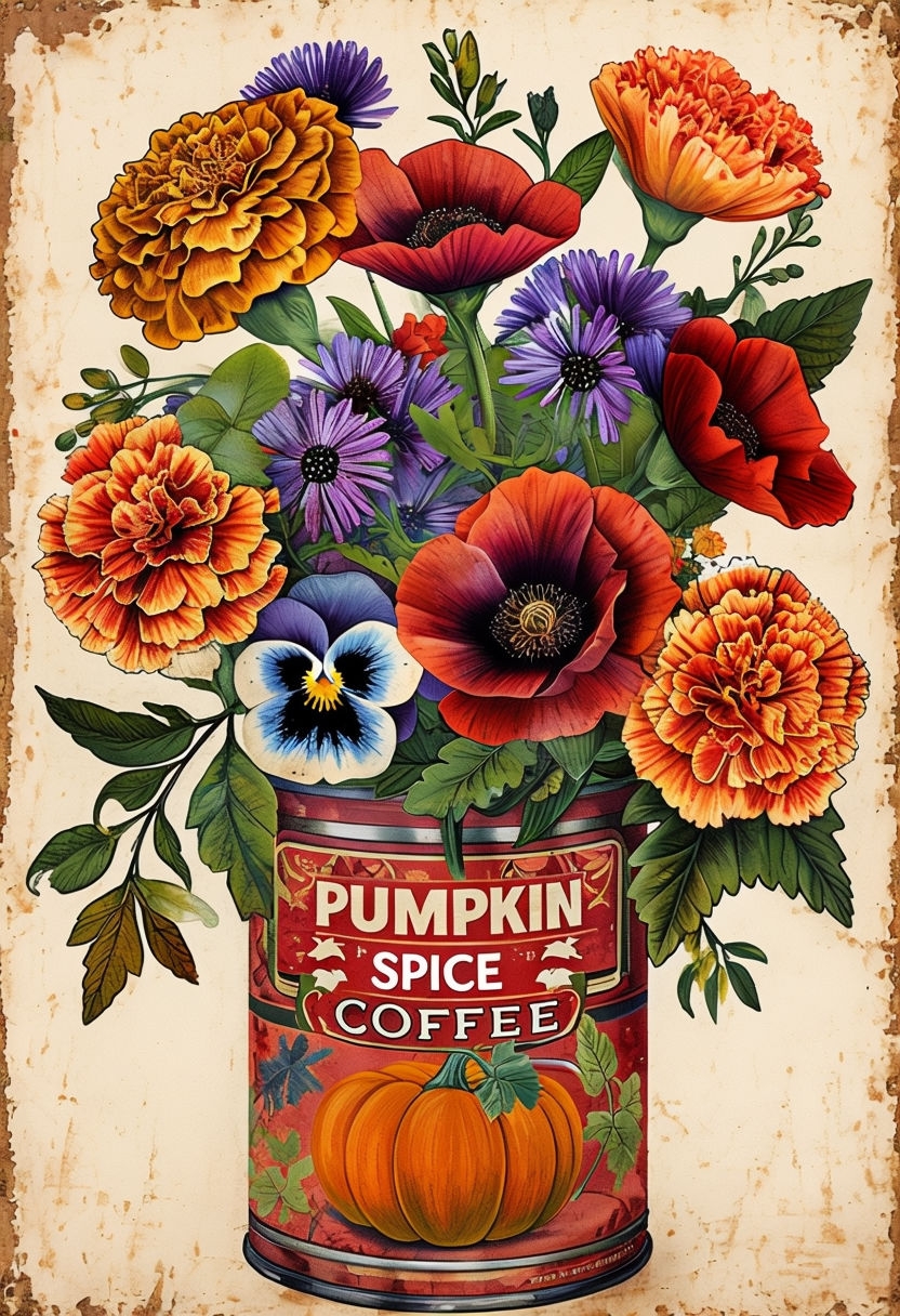 Vibrant Pumpkin Spice Coffee Flower Bouquet Art Poster