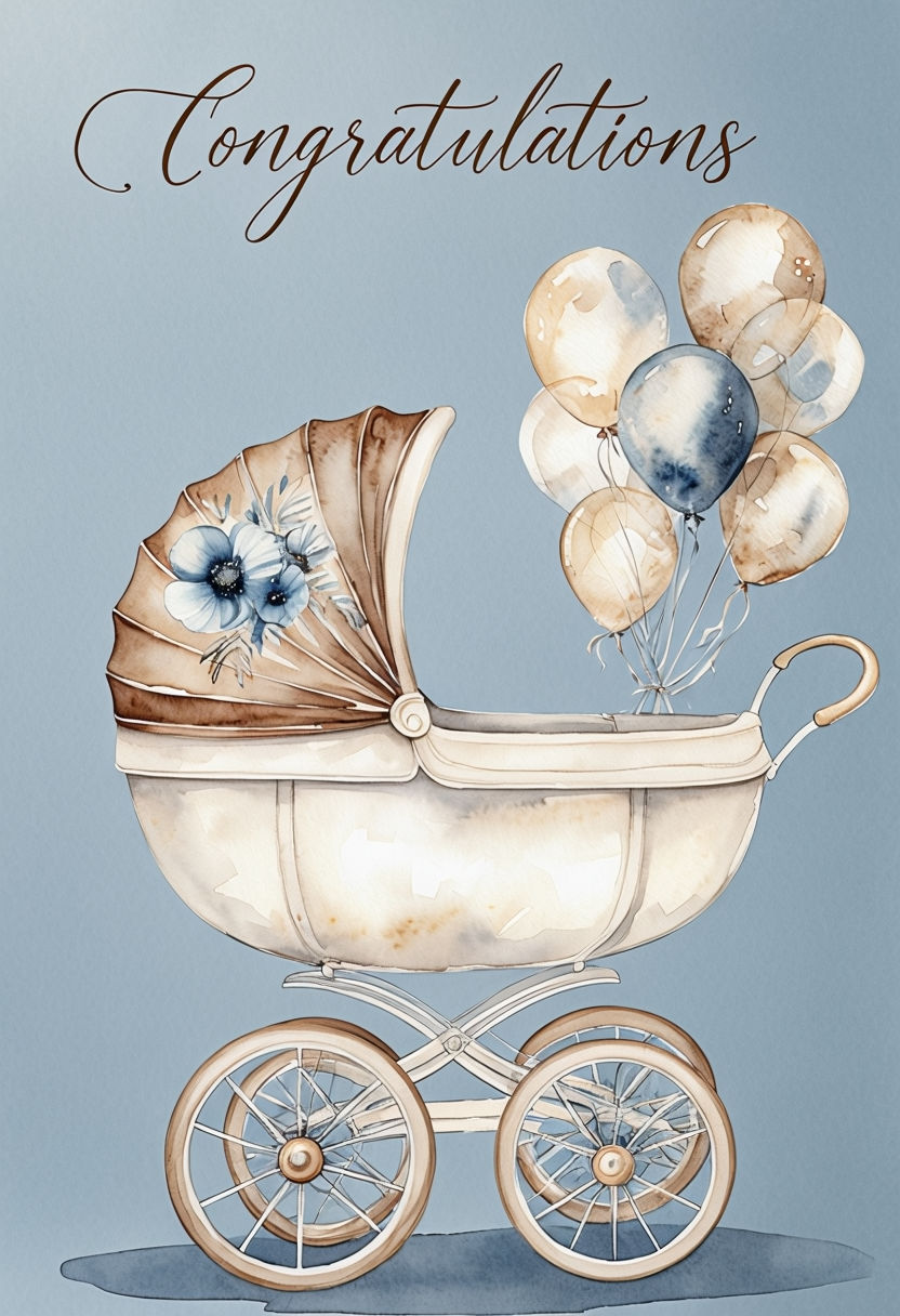 Watercolor Vintage Pram Congratulations 