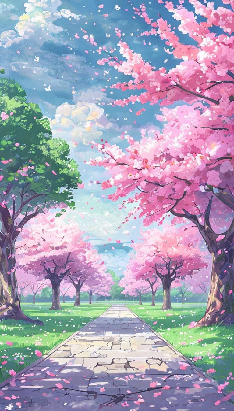 Serene Spring Park with Cherry Blossoms and Butterflies Mobile Wallpaper