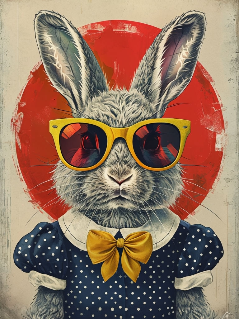 Whimsical Rabbit with Sunglasses and Vintage Dress Illustration Art