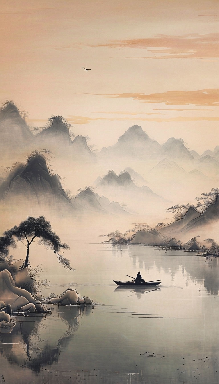 Serene East Asian Landscape with Boat and Misty Mountains Mobile Wallpaper