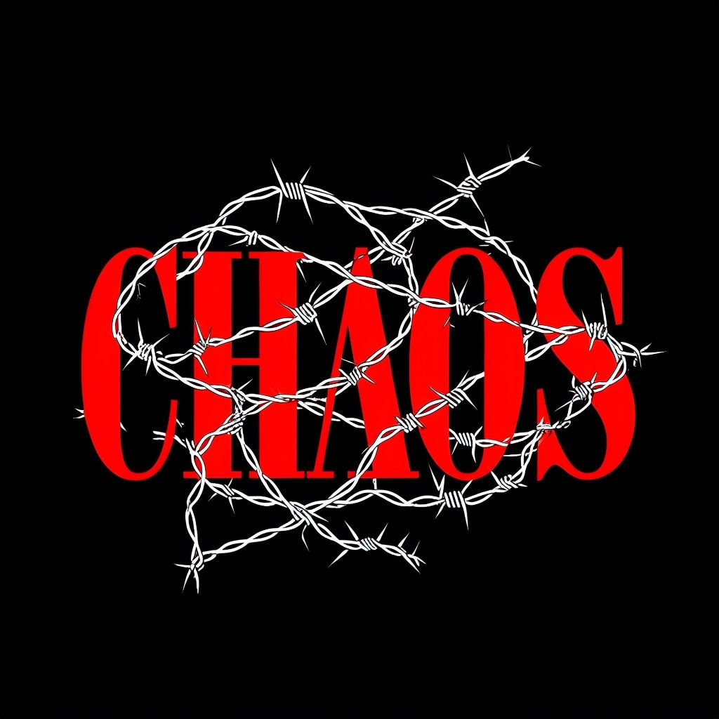 Bold CHAOS Graphic Design with Barbed Wire Elements T-shirt