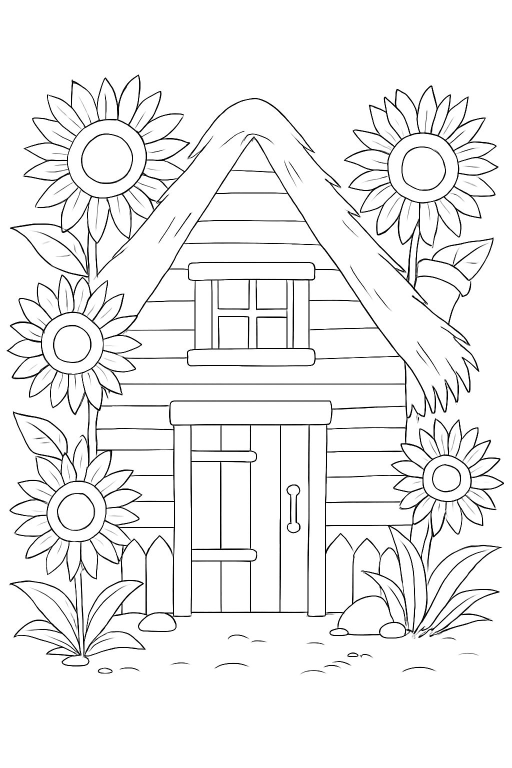 Charming Rustic House with Sunflowers Line Drawing Coloring Page