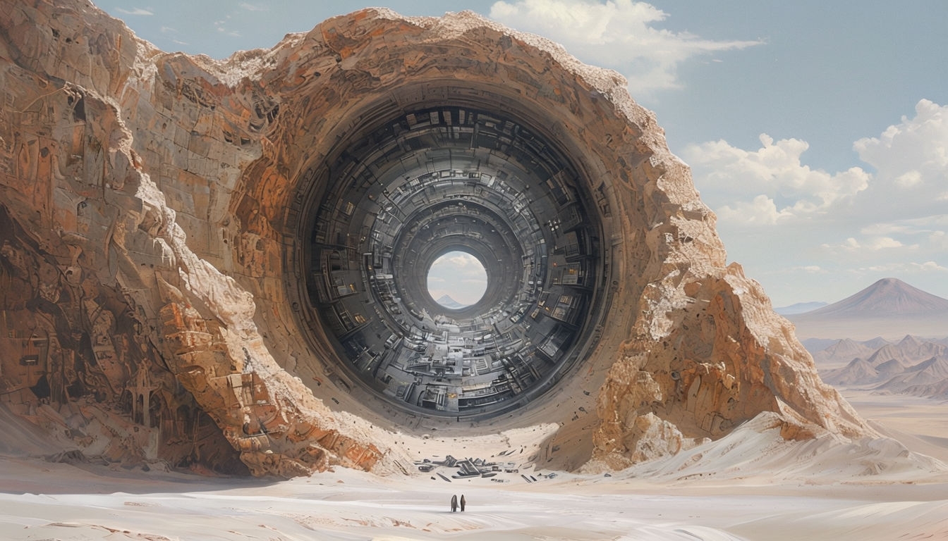 Surreal Desert Landscape with Futuristic Tunnel Portal Background