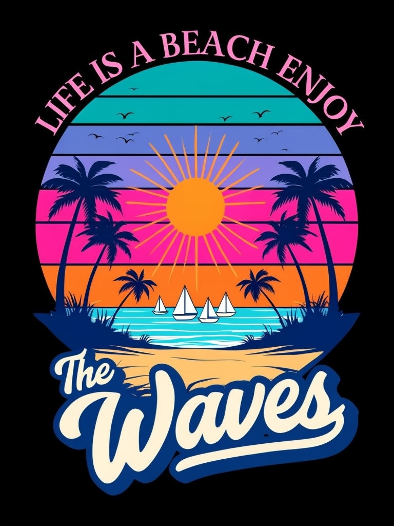 Vibrant Retro Beach Sunrise Design with Sailboats T-Shirt