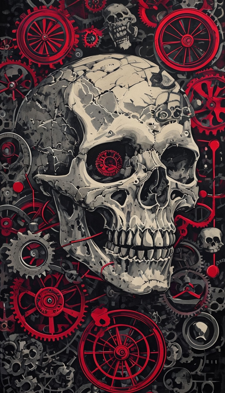 Gothic Skull with Mechanical Gears and Red Accents Phone Case Cover