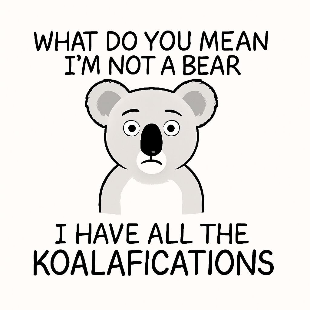 Humorous Cartoon Koala with Playful Text Sticker