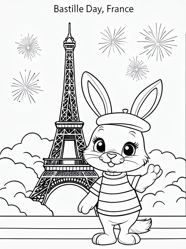 Cheerful Cartoon Rabbit and Eiffel Tower Coloring Page