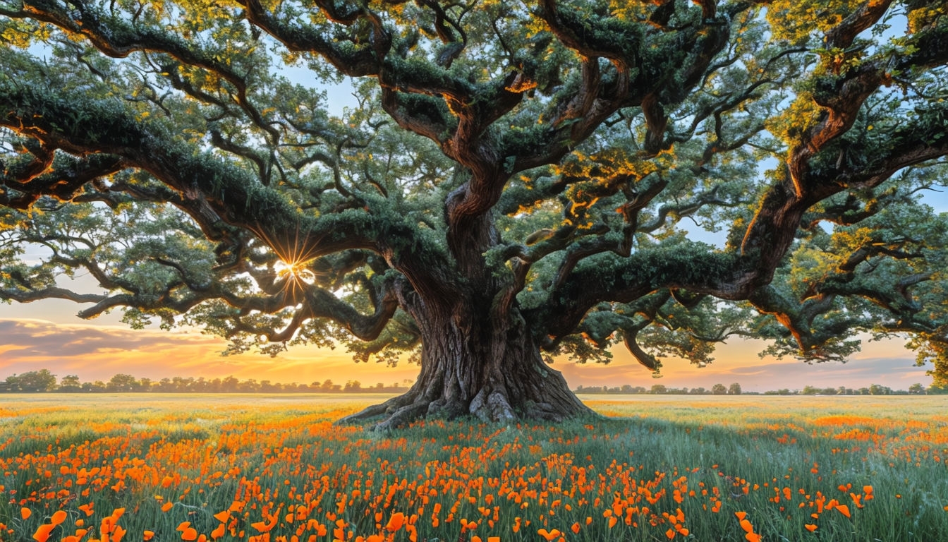 Vibrant Meadow with Ancient Oak Tree Virtual Background