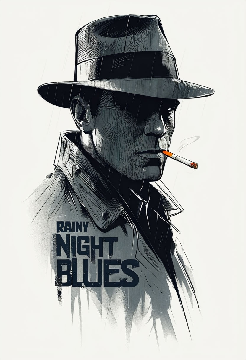 Noir Detective Illustration with Rainy Night Blues T-Shirt