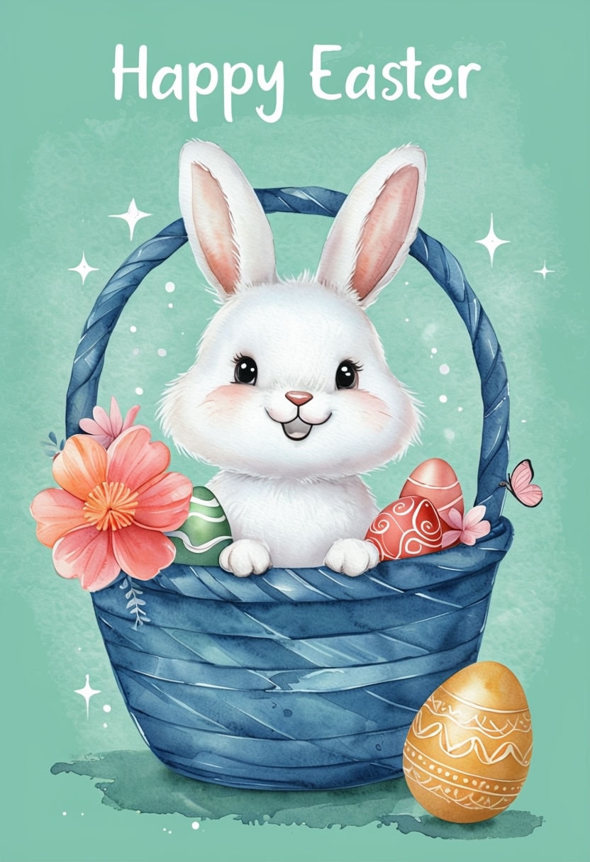 Cheerful Watercolor Bunny with Easter Basket Greeting Card