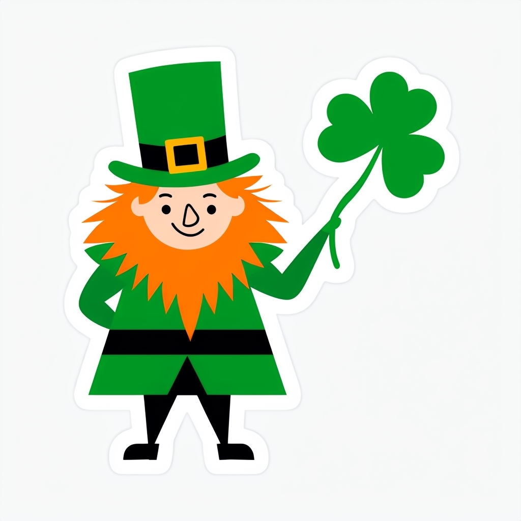 Cheerful Leprechaun Holding Shamrock Illustration Sticker