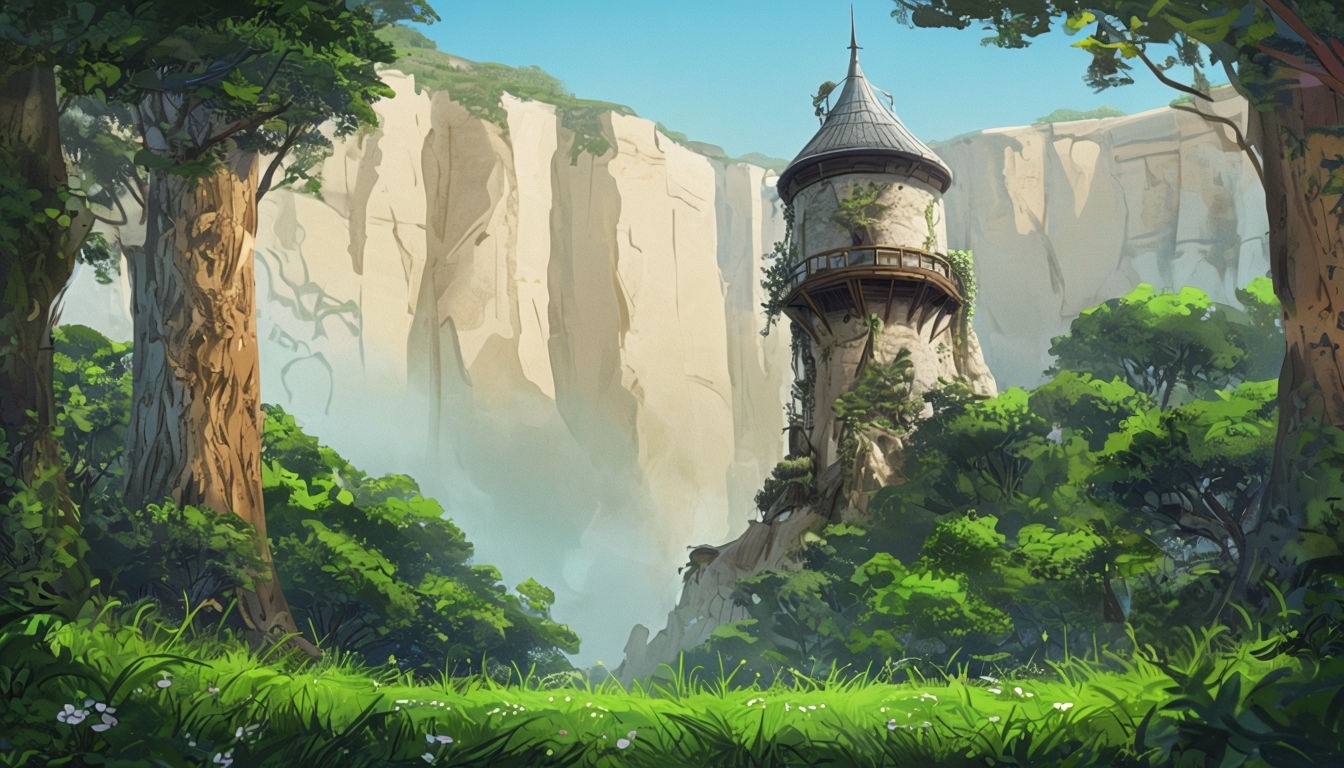 Enchanting Fantasy Landscape with Tower and Lush Foliage Virtual Background