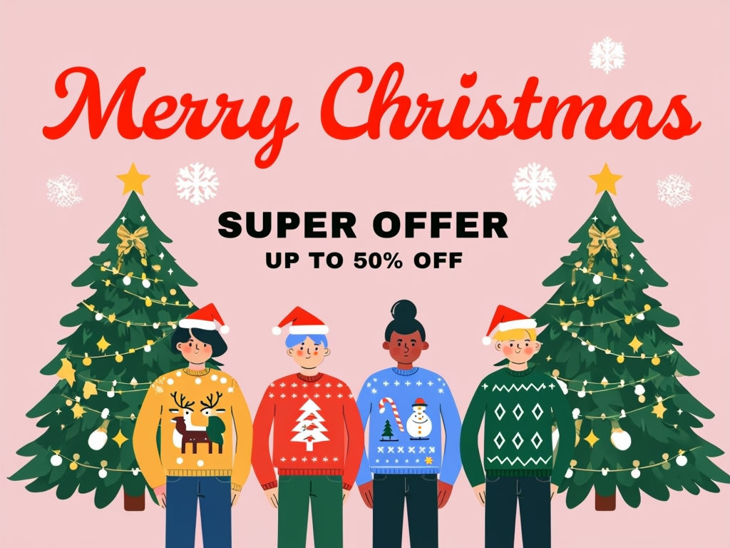 Festive Merry Christmas Promotional Poster with Super Offer Characters and Trees