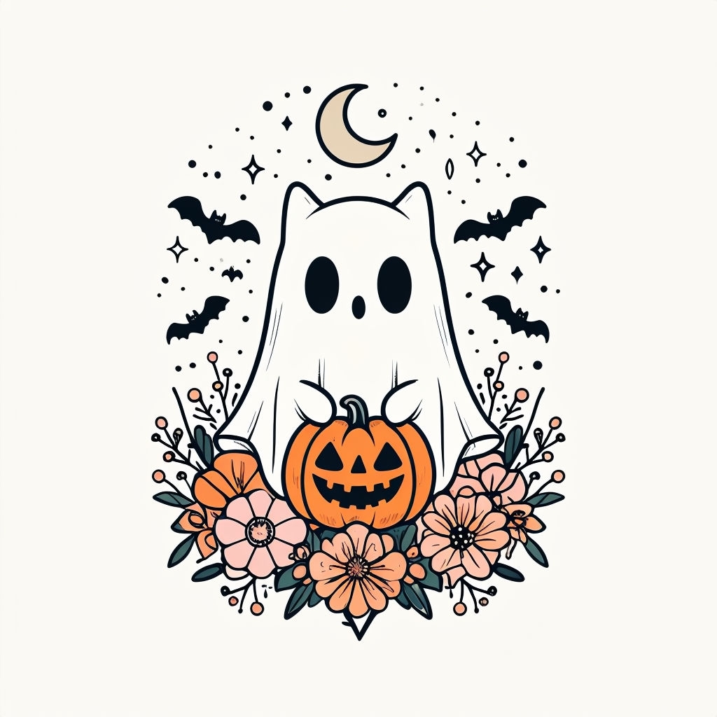 Whimsical White Cat Ghost with Pumpkin and Bats T-Shirt