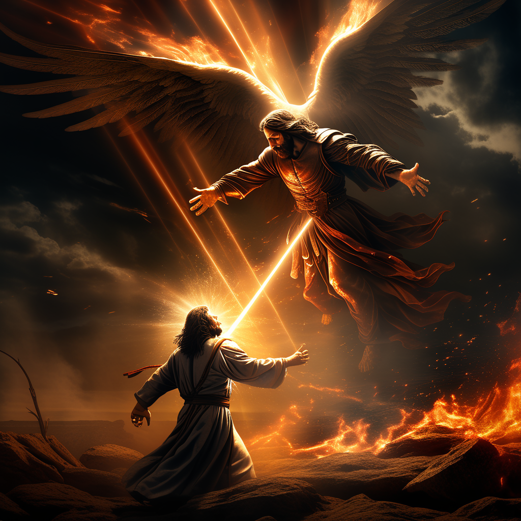 Jesus defeating the angel of death using a ray of light from... by Nate ...