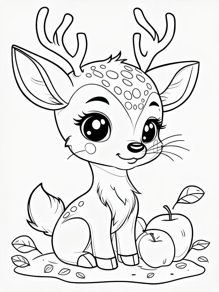 Cute Cartoon Deer with Apples Outline Drawing for Coloring Book Pages