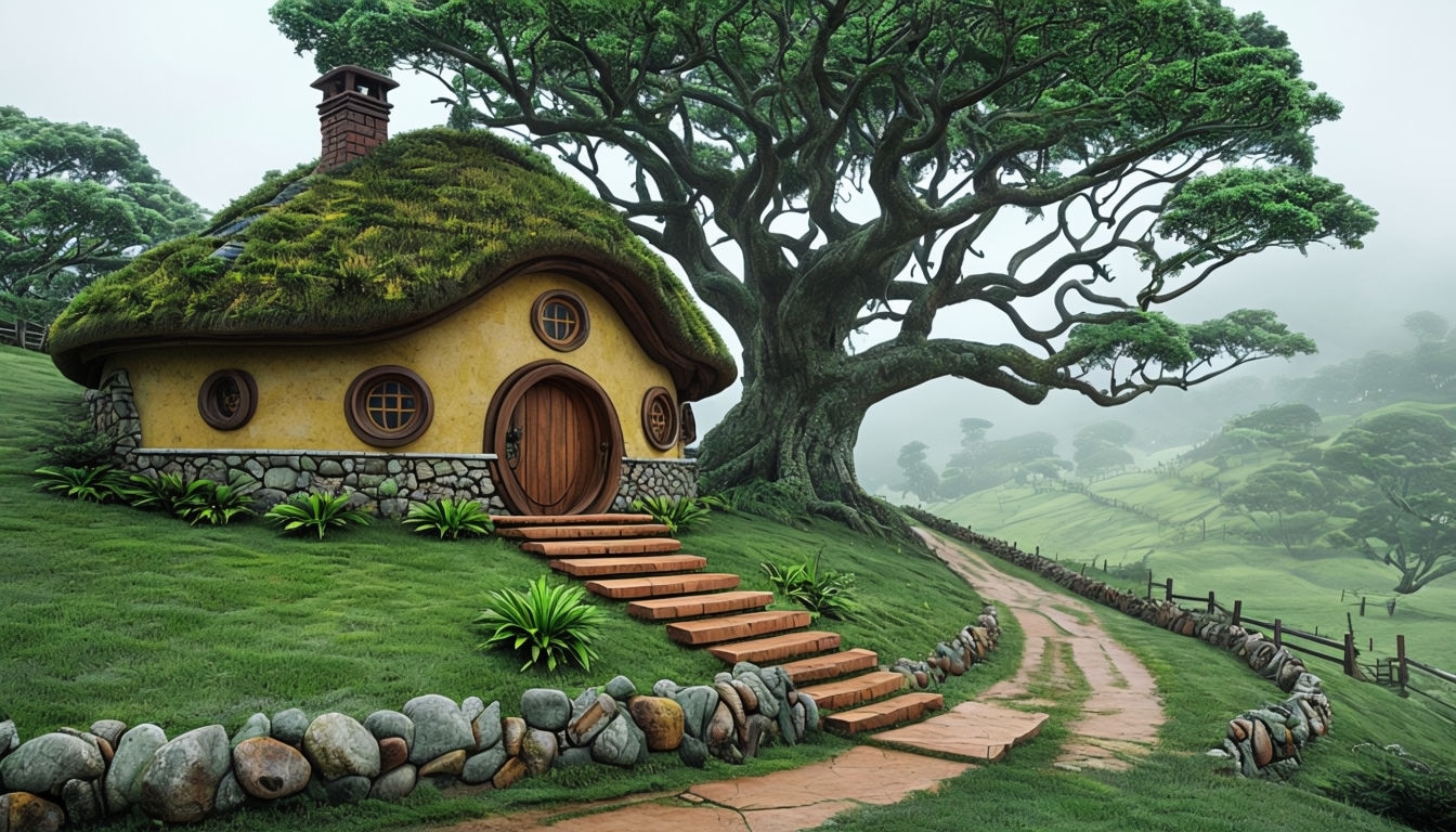 Charming Fantasy Cottage Landscape in Serene Atmosphere Background