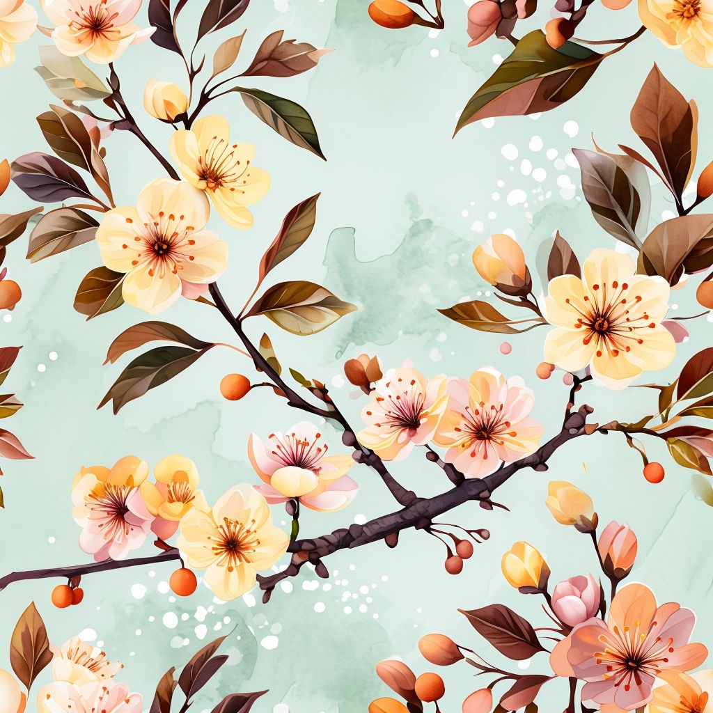 Seamless Cherry Blossom Floral Pattern on Mint Green Background Seamless Pattern