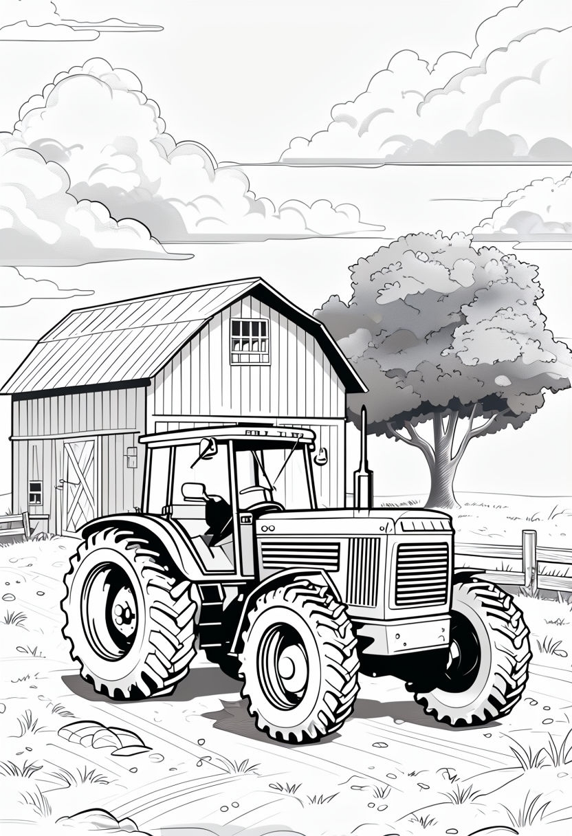 Cartoon Rural Farm Scene with Tractor and Barn Coloring Book Page