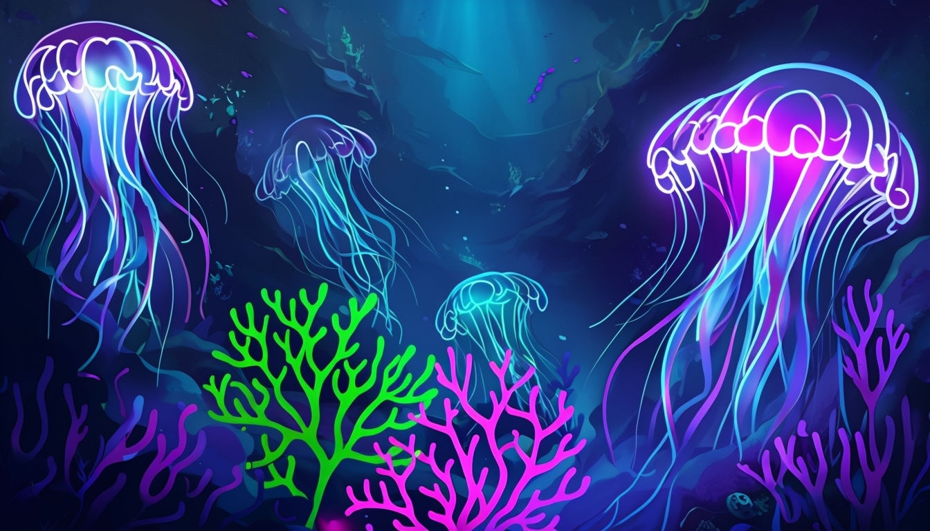 Vibrant Neon Deep-Sea Scene with Marine Life Virtual Background