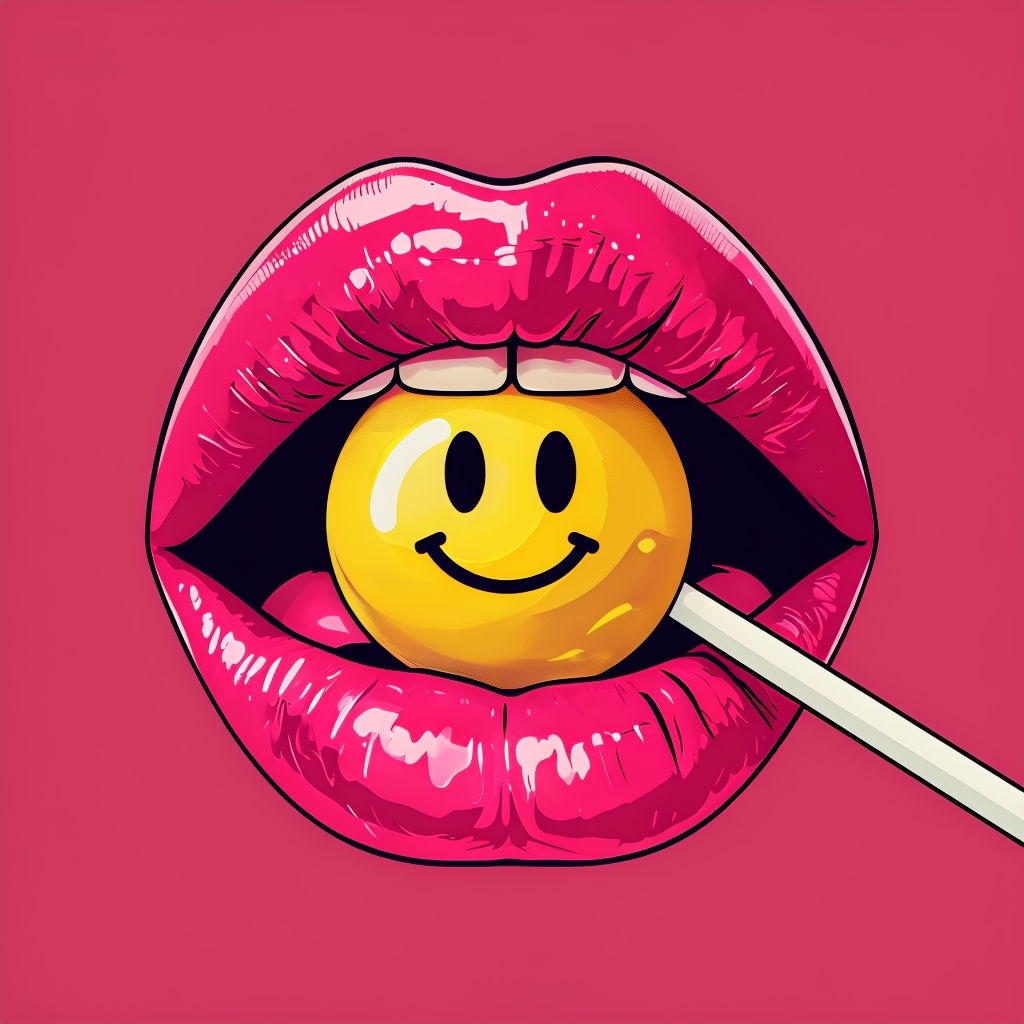 Glossy Pink Lips with Smiley Face Lollipop Pop Art T-Shirt