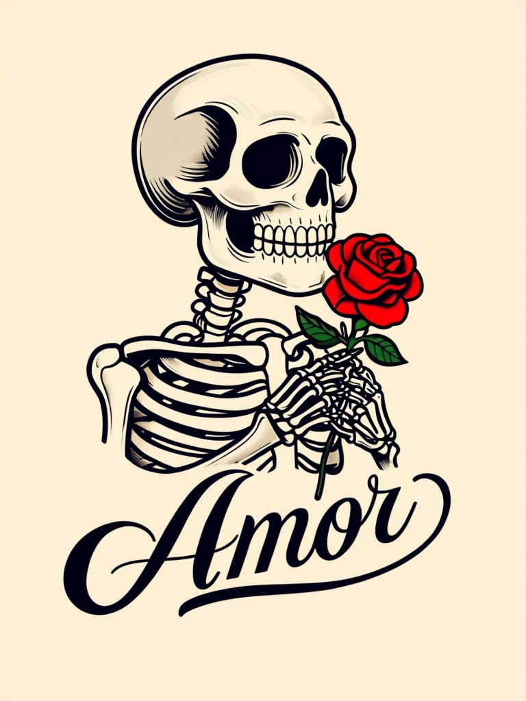 Whimsical Skeleton with Rose and Amor Cursive T-Shirt