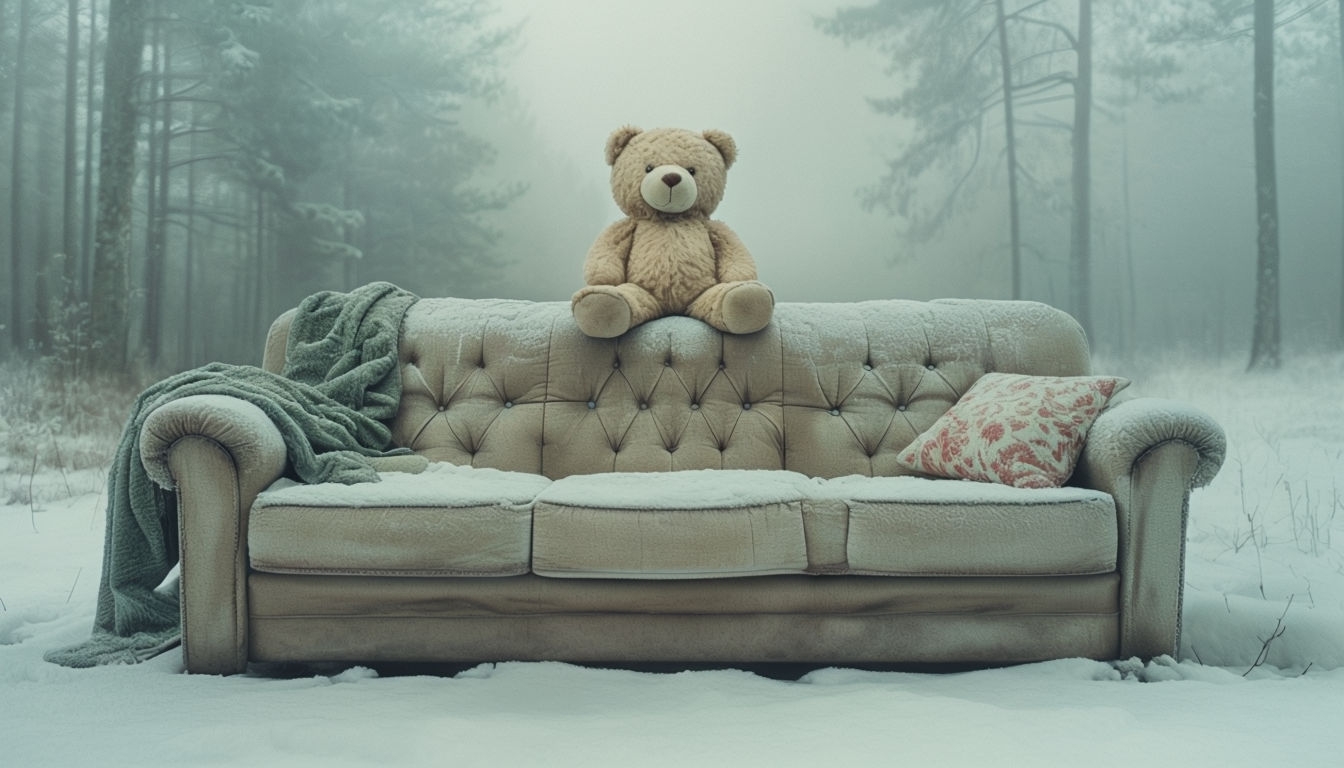 Surreal Beige Sofa in Snowy Misty Forest Virtual Background