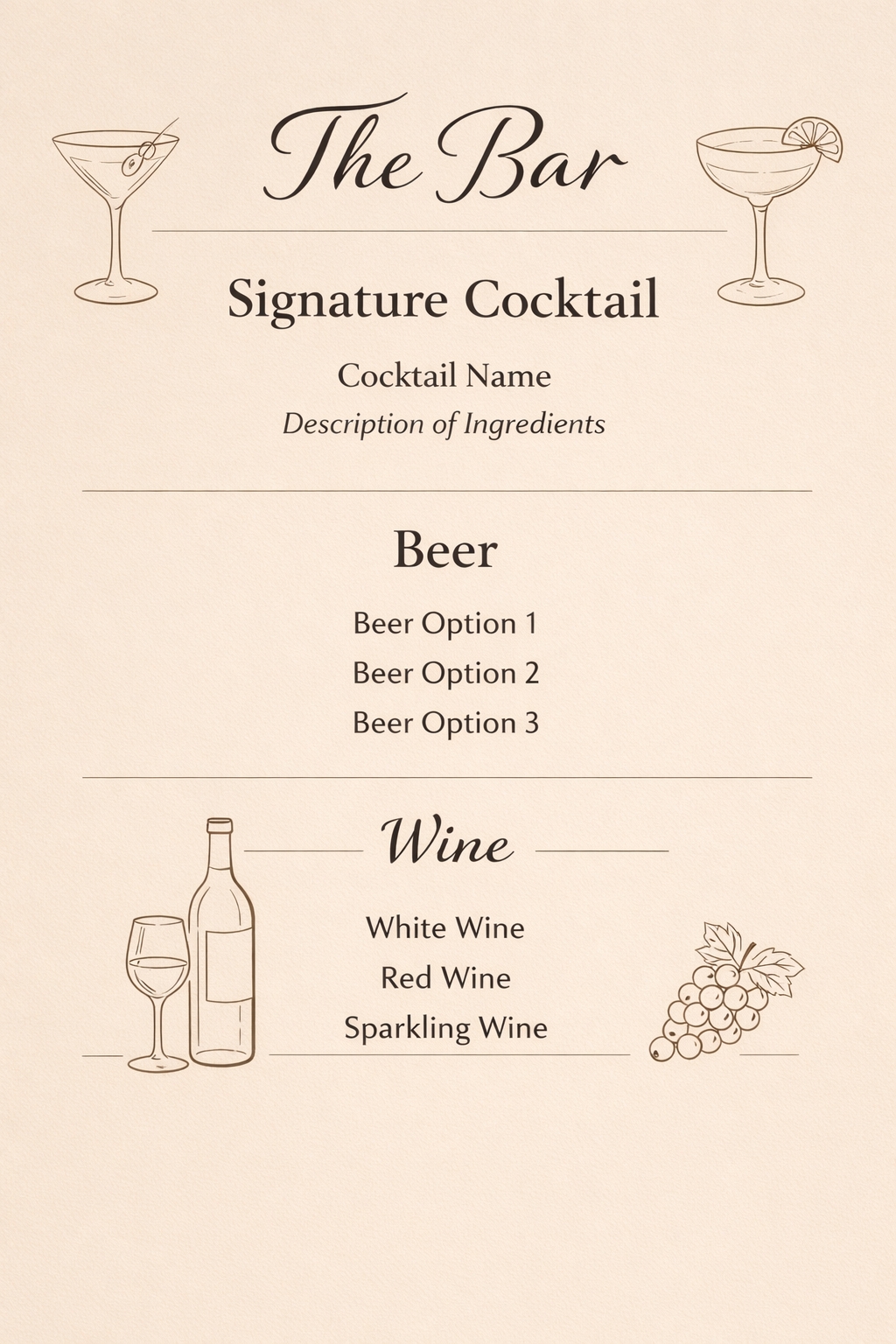 Elegant Bar Menu Design with Cocktail Illustrations Event Sign