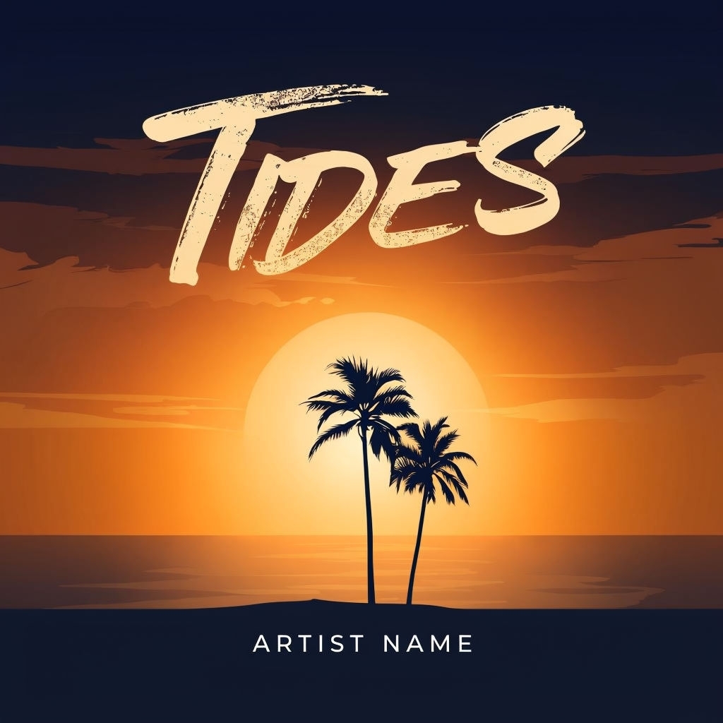 Serene Coastal Sunset with Palm Trees and Artistic Text Spotify Album Cover