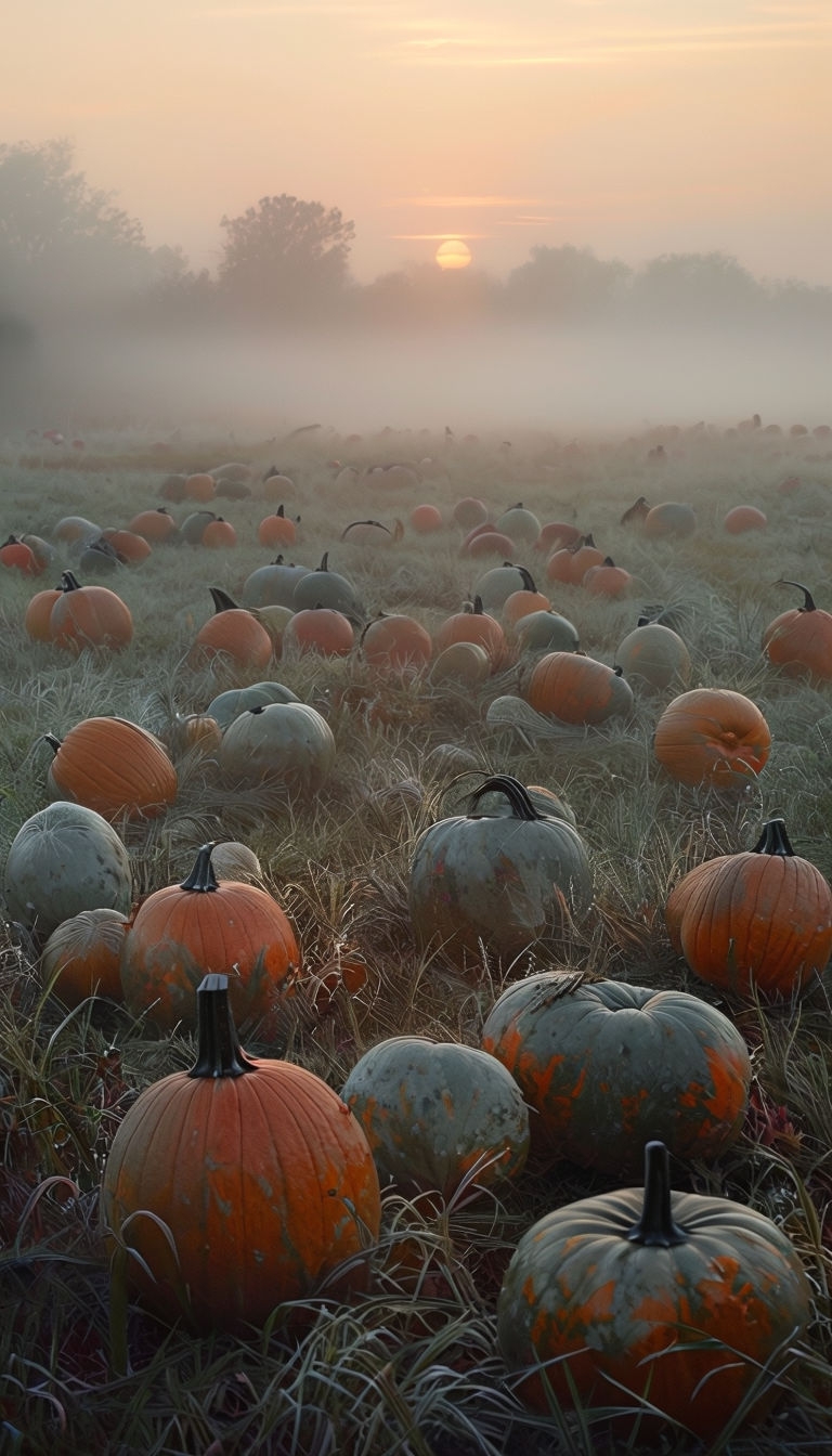 Tranquil Thanksgiving Morning with Misty Sunrise over Pumpkin Patch Art