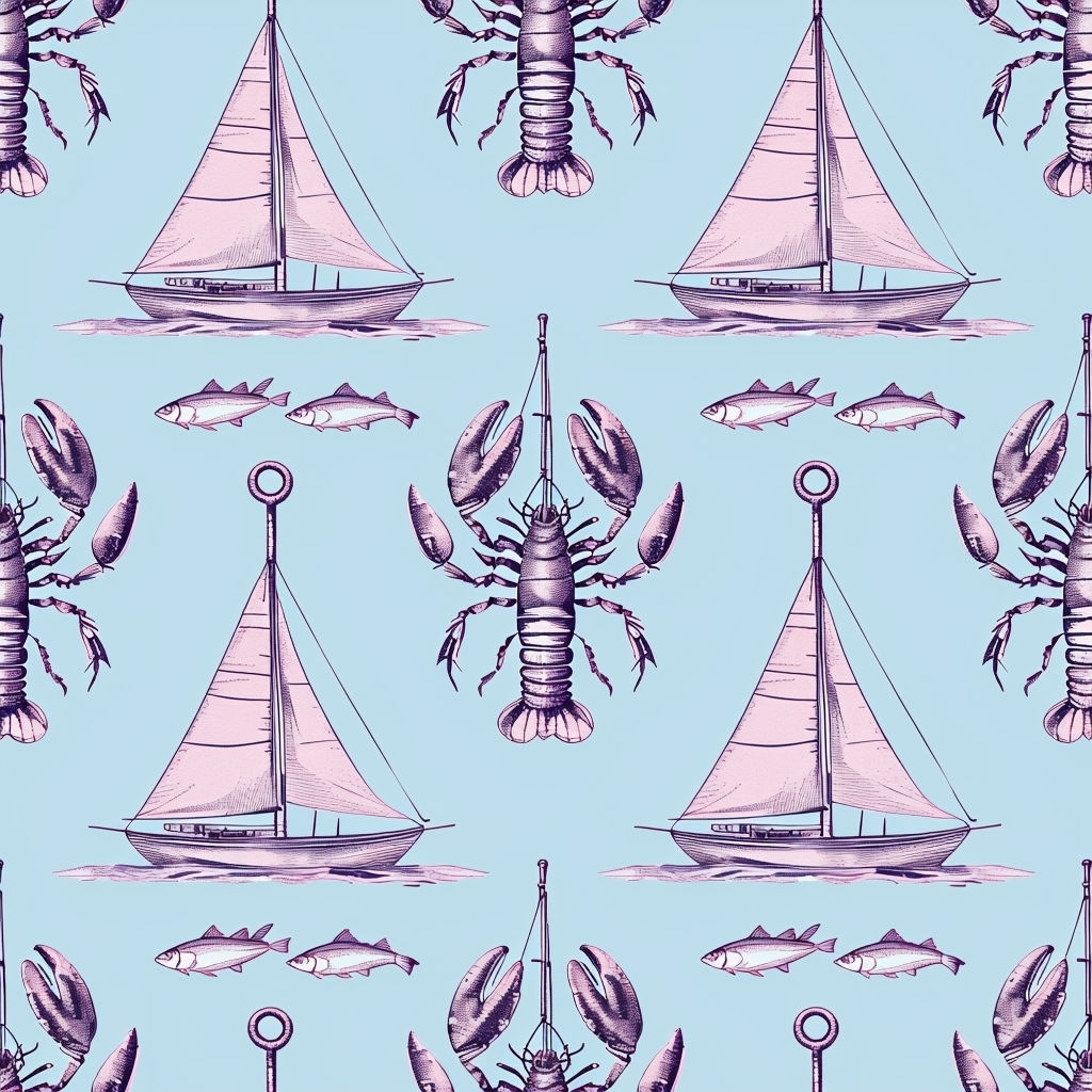 Nautical Vintage Seamless Pattern with Lobsters and Sailboats