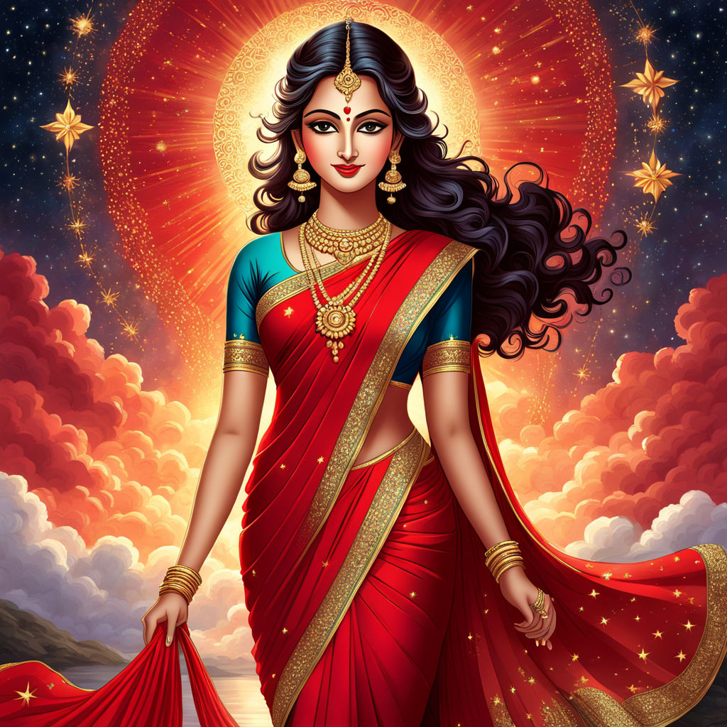 Goddess Lakshmi dressed in luminous red saree by Nikunj Acharya ...