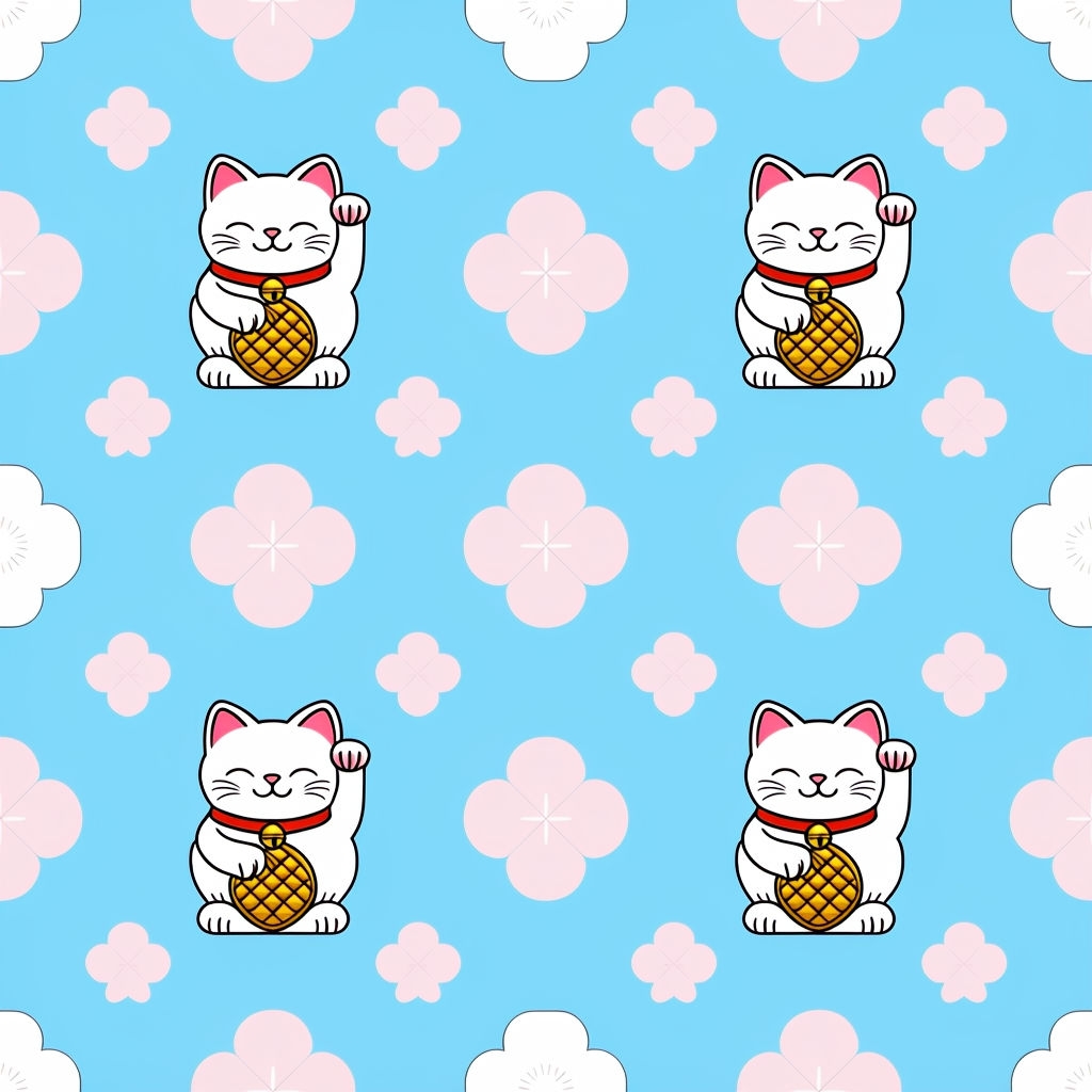 Seamless Maneki-Neko and Cherry Blossom Petal Pattern Design