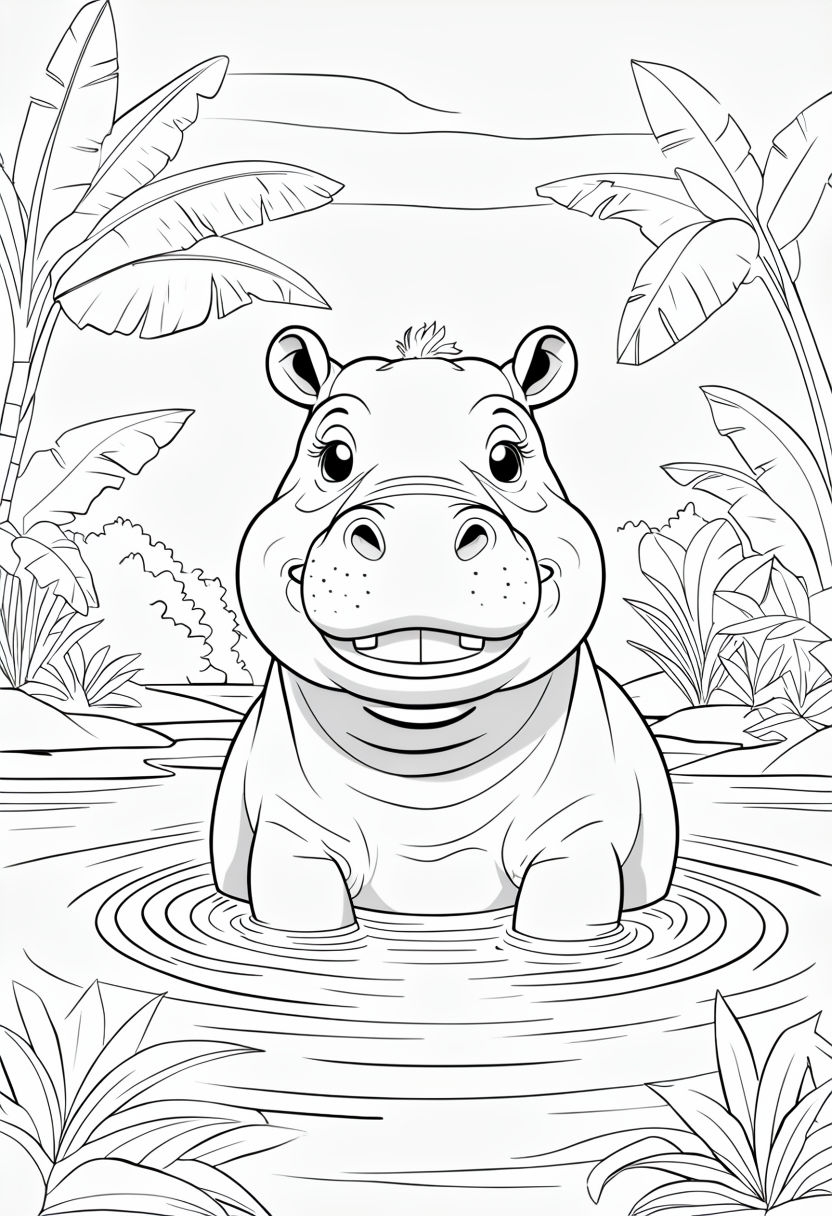 Cheerful Hippopotamus in Water Coloring Book Page Design