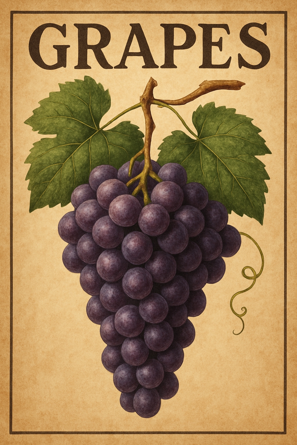 Vintage Grapes Illustration with Green Leaves on Parchment Poster