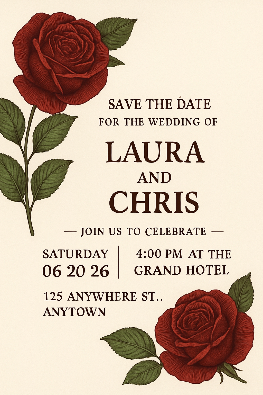 Elegant Vintage Wedding Invitation with Red Roses Design Card