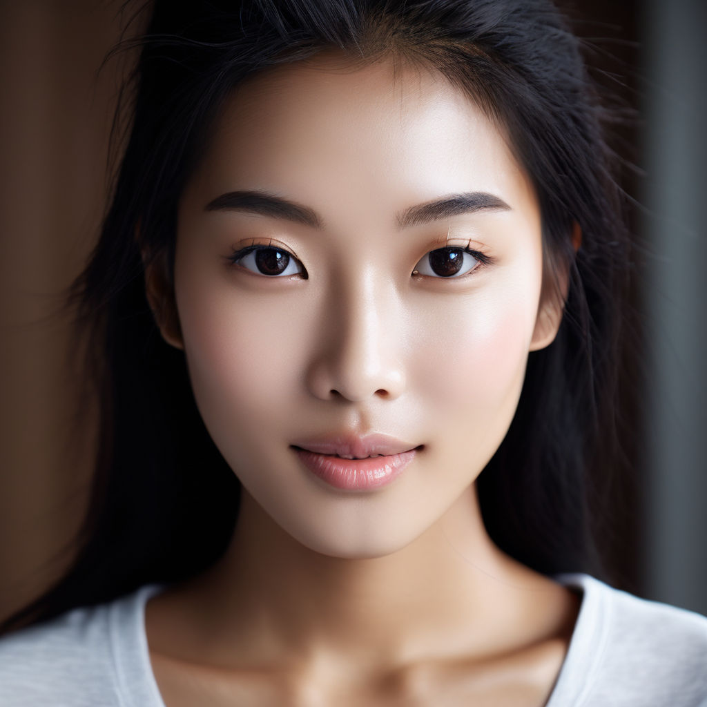 a headshot portrait of gorgeous Asian woman with Purity and smooth soft  skin and a white detailed face and black hair