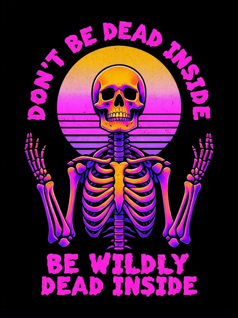 Vibrant Neon Skeleton Illustration with Humorous Text Poster