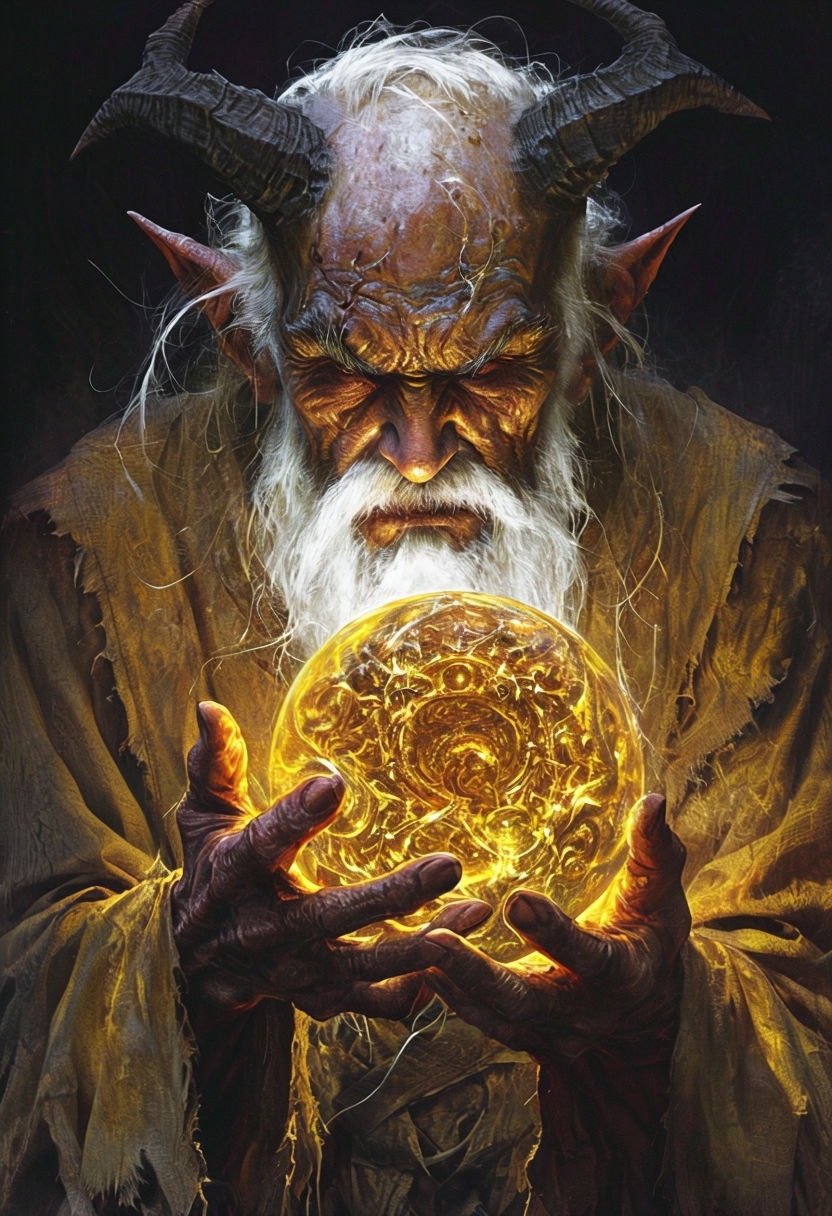 Elderly Demon Holding Glowing Orb in Mystical Digital Art Poster