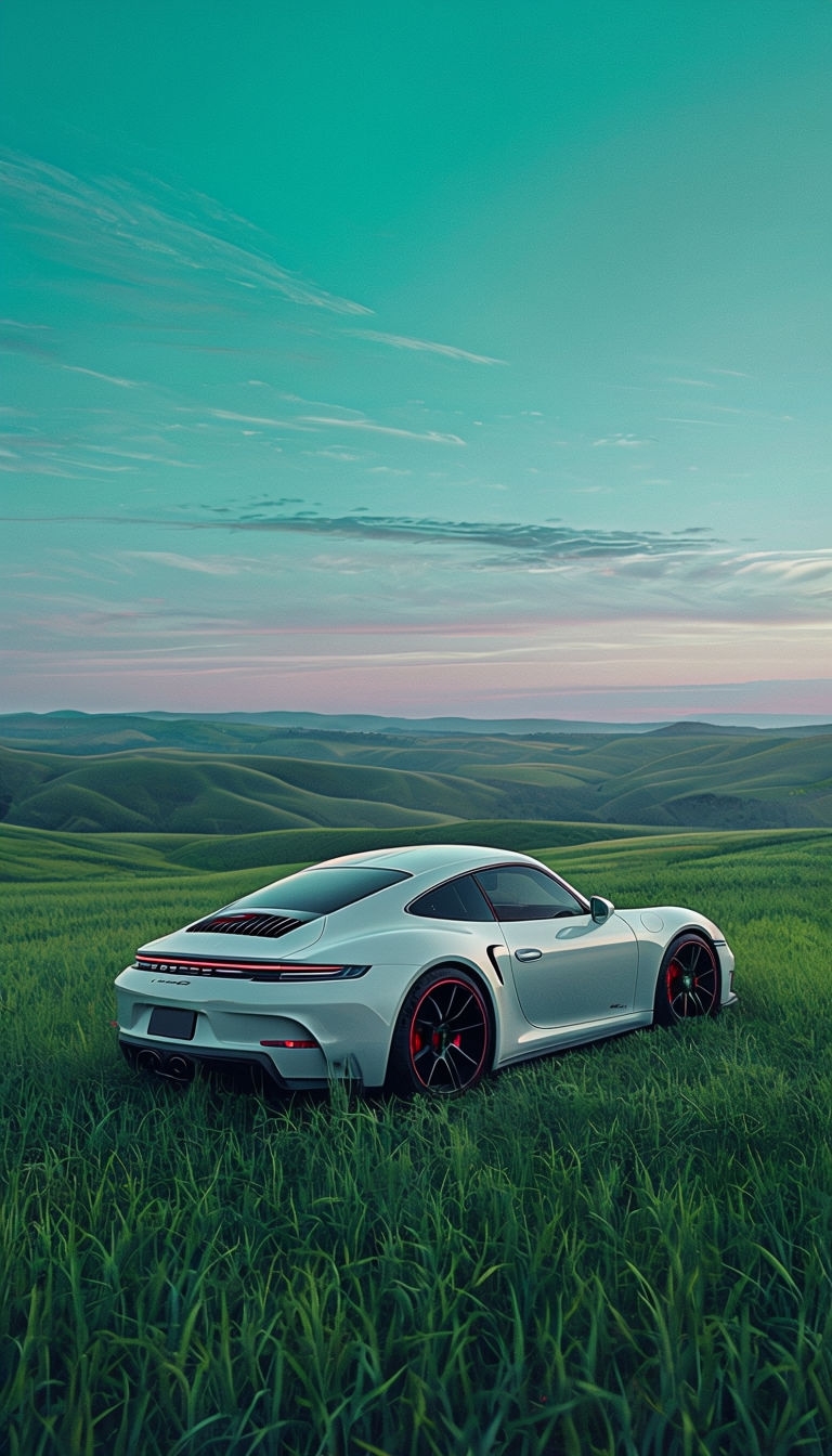 Sleek White Porsche in Lush Green Field at Sunset Mobile Wallpaper