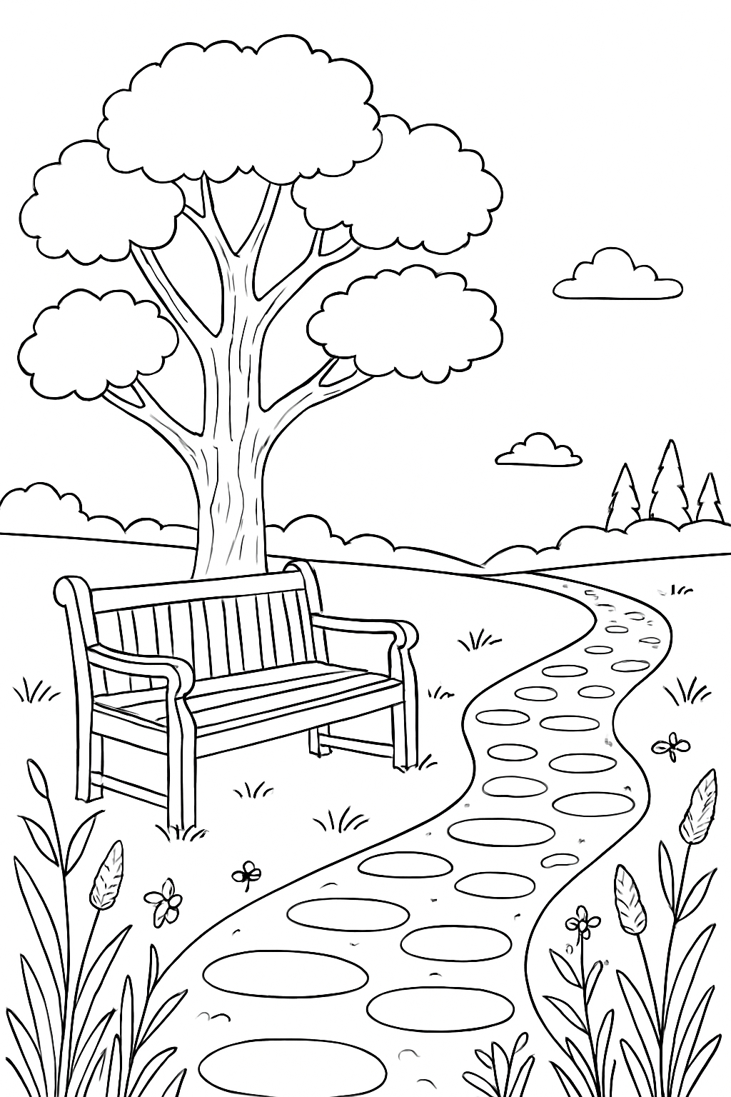 Serene Park Scene with Bench and Nature Elements Coloring Book Page