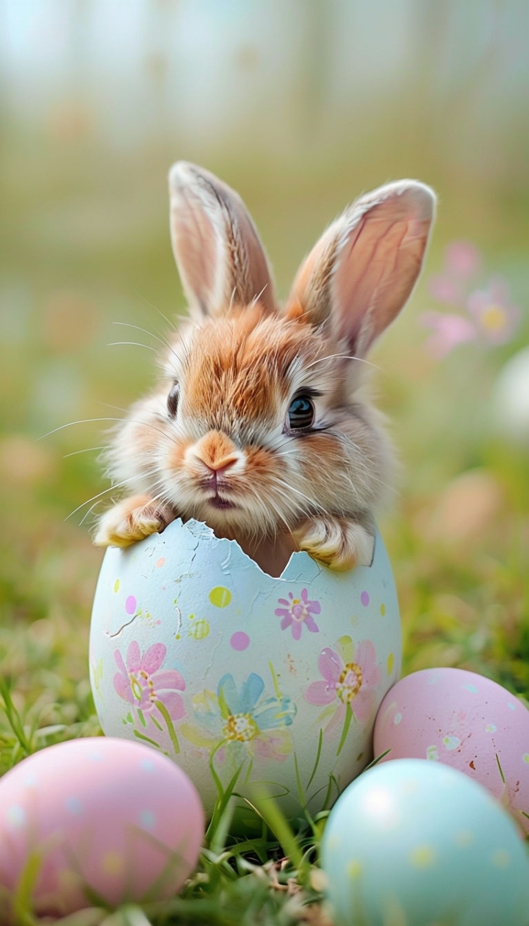Playful Fluffy Bunny Peeking from Cracked Easter Egg Mobile Wallpaper