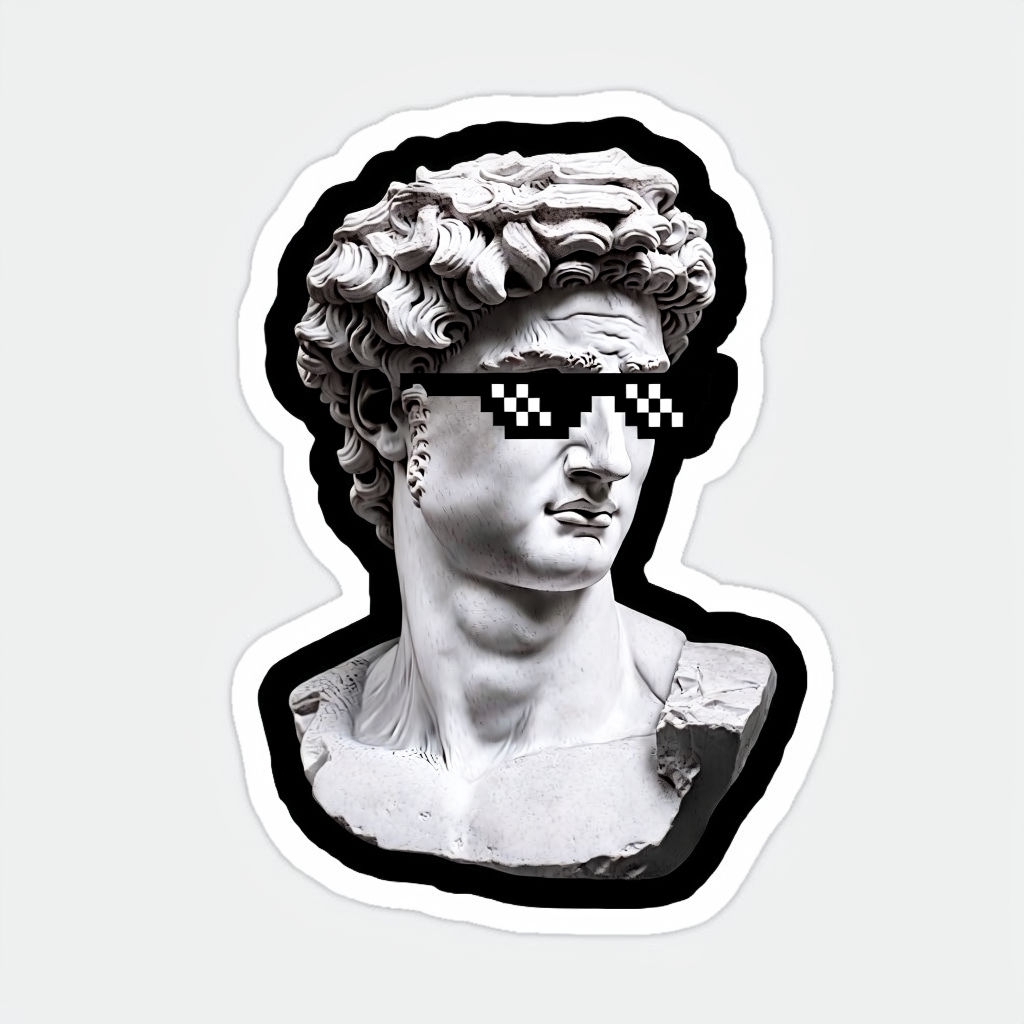 Whimsical White Marble David Bust with Pixelated Sunglasses Sticker