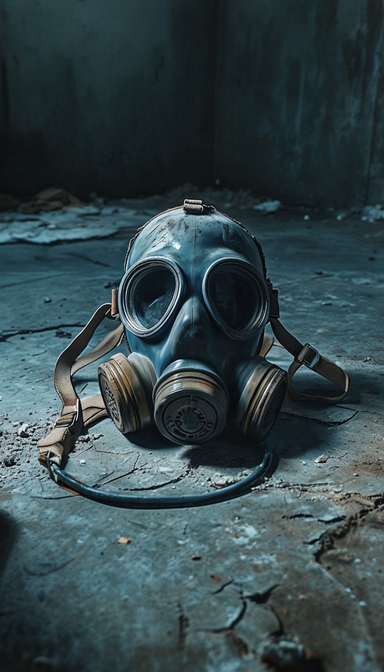 Post-Apocalyptic Gas Mask on Cracked Concrete Floor Mobile Wallpaper