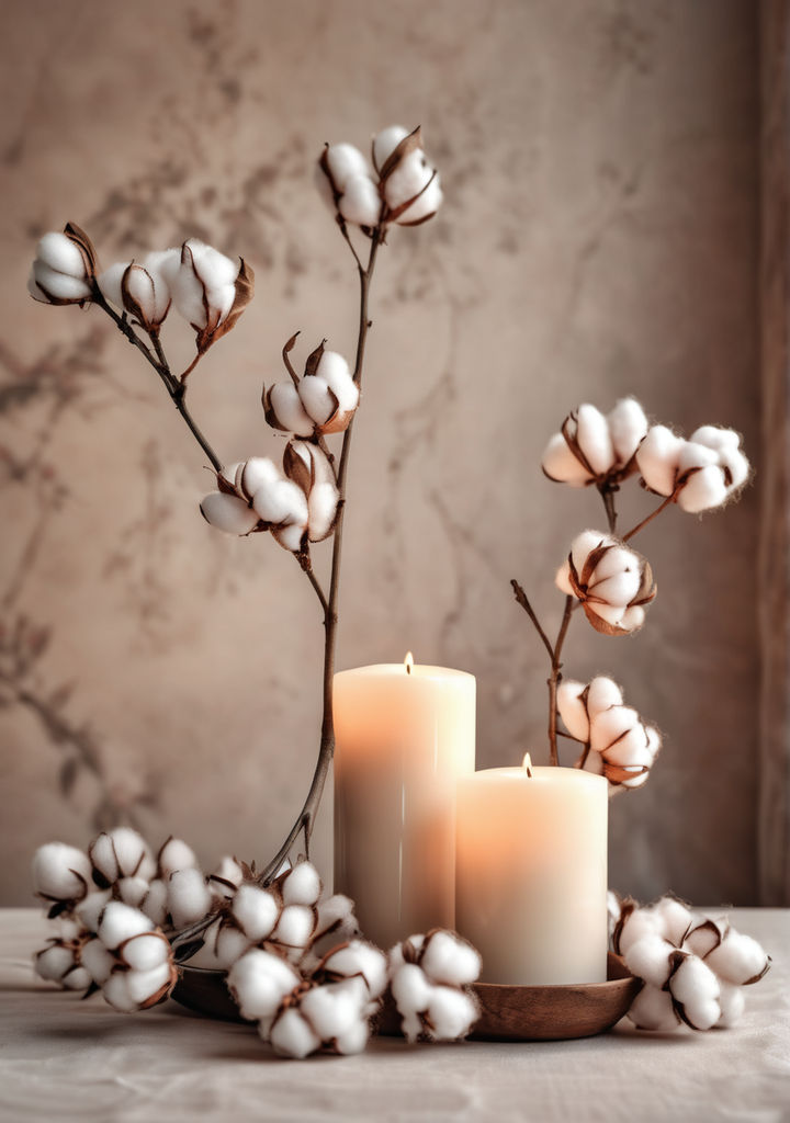 Prompt: realistic photography,
</p>
<p>cotton branches on the table aroma candles light beige background, hyper realism, HDR