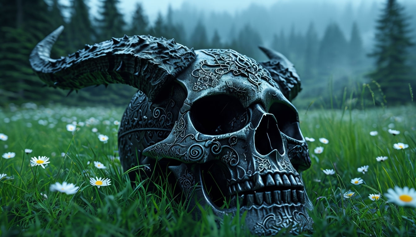 Metallic Skull in Lush Daisy Field Surrounded by Nature Backgrounds