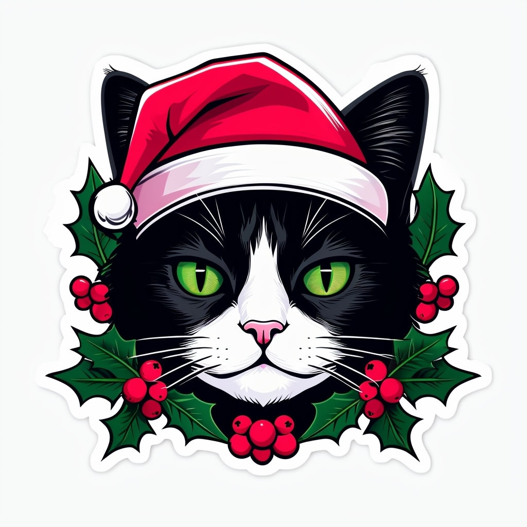 Festive Black and White Cat with Santa Hat Sticker