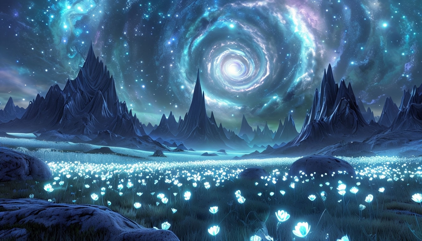 Ethereal Alien Landscape with Glowing Flowers and Galaxies Virtual Background